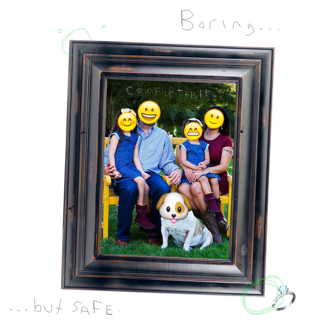 A comfortable family photo with emojis replacing the real faces