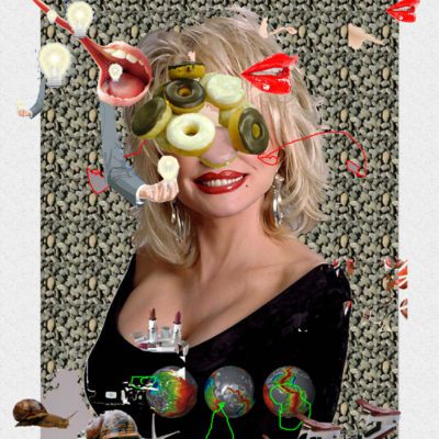 Digital collage o Dolly Parton with donut eys