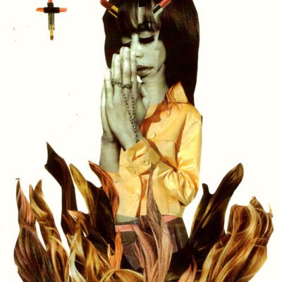 Collage of woman praying to makeup crucifix