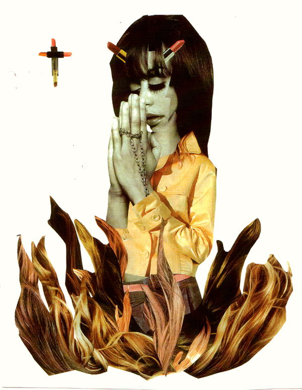 Collage of woman praying to makeup crucifix
