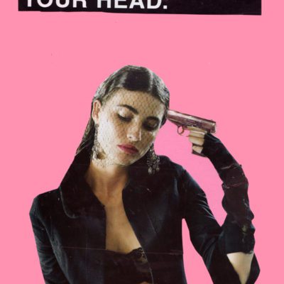 Collage of woman with gun to her head