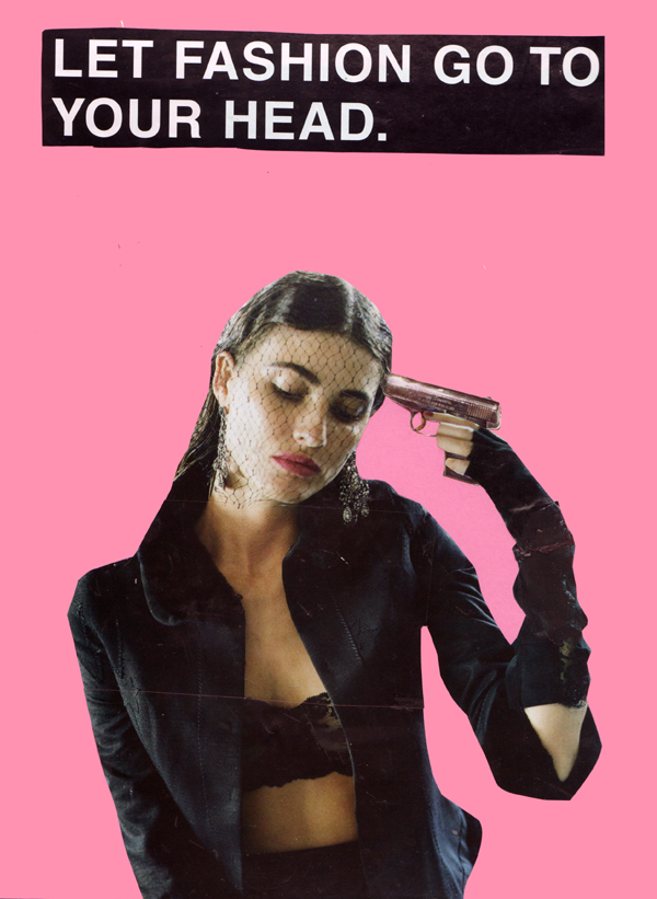 Collage of woman with gun to her head