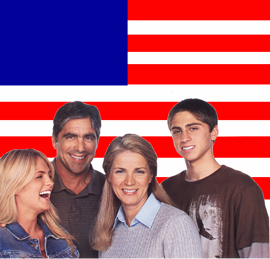 Gif of family laughing with an american flag and bombs in the background