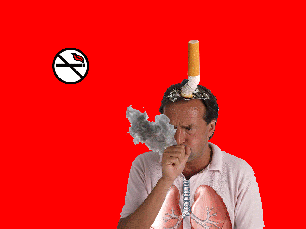 Gif of man coughing with cigarettes flying around