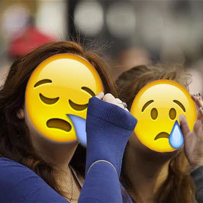 Collage of real people crying with emoji sad faces collaged over their real faces