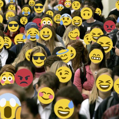 Collage of a crowd of real people all with different emoji expressions