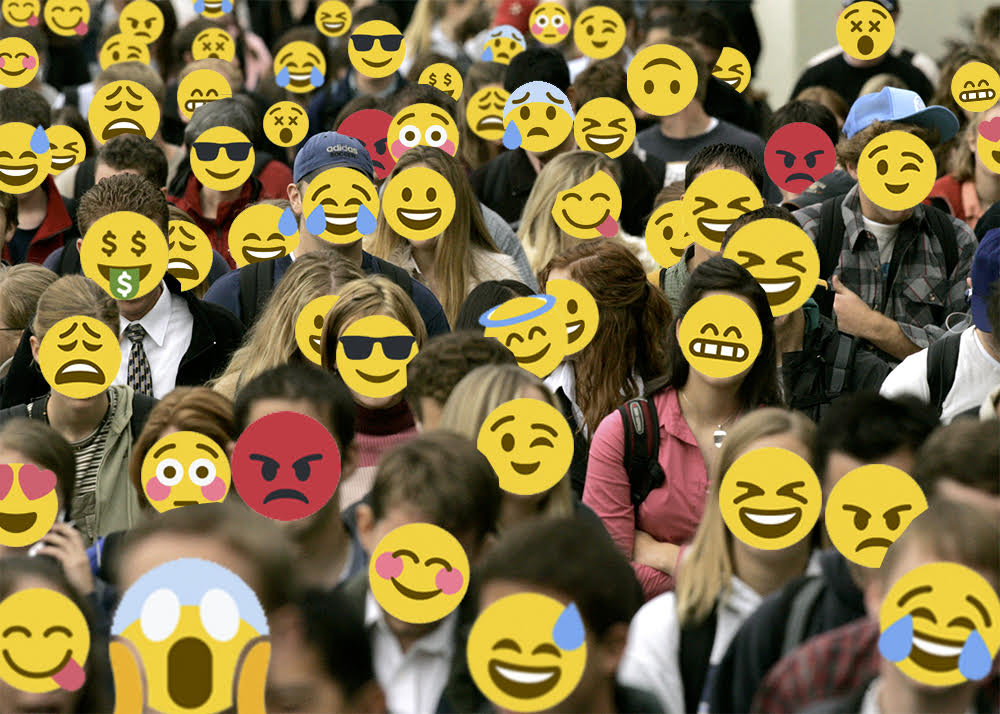 Collage of a crowd of real people all with different emoji expressions