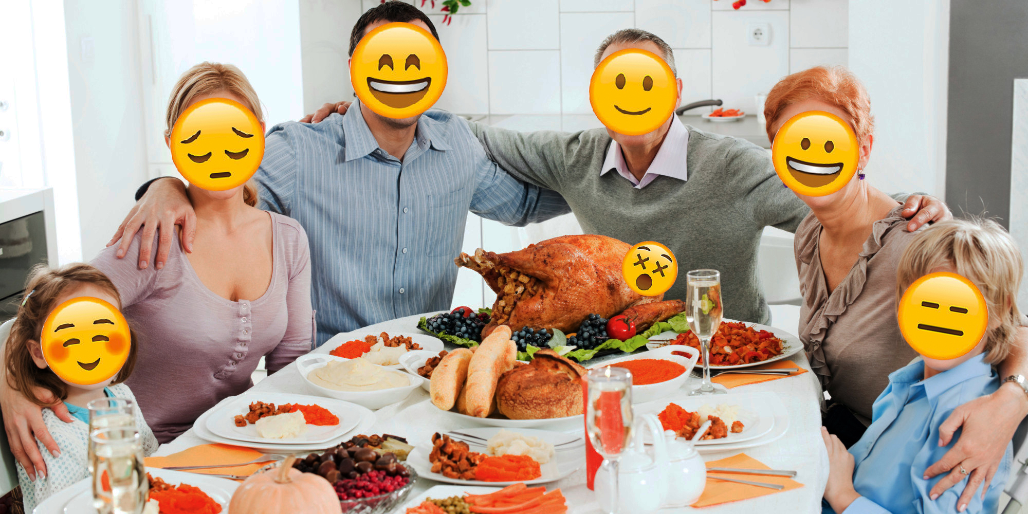 Family sitting down to a Thanksgiving dinner. Their faces have been replaces by emojis