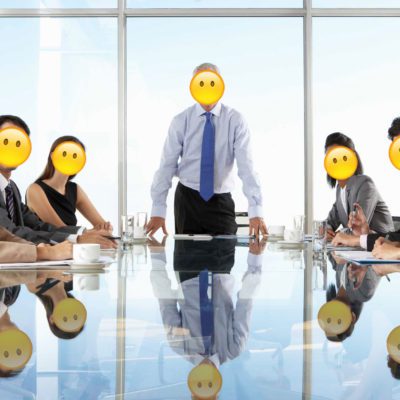 A meeting of executives with no expression emoji faces