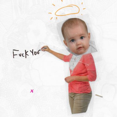 Baby with a halo writing, "Fuck You" on a wall