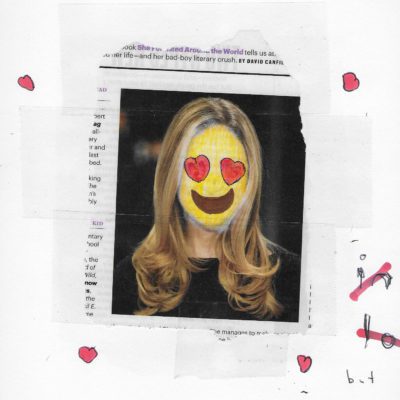 Woman with her face erased out and a in love emoji face drawn on