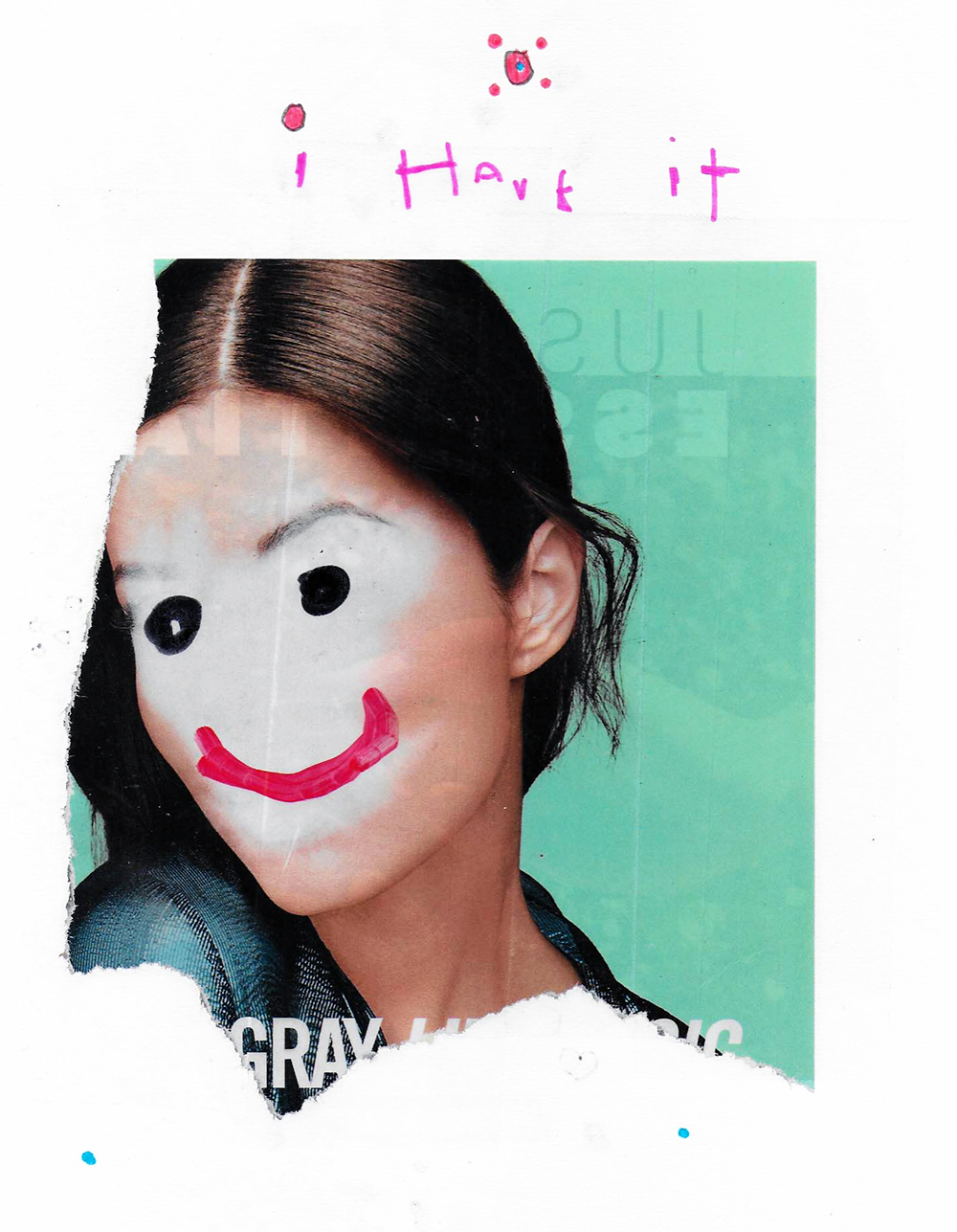A woman with erased face and happy face drawn on with marker